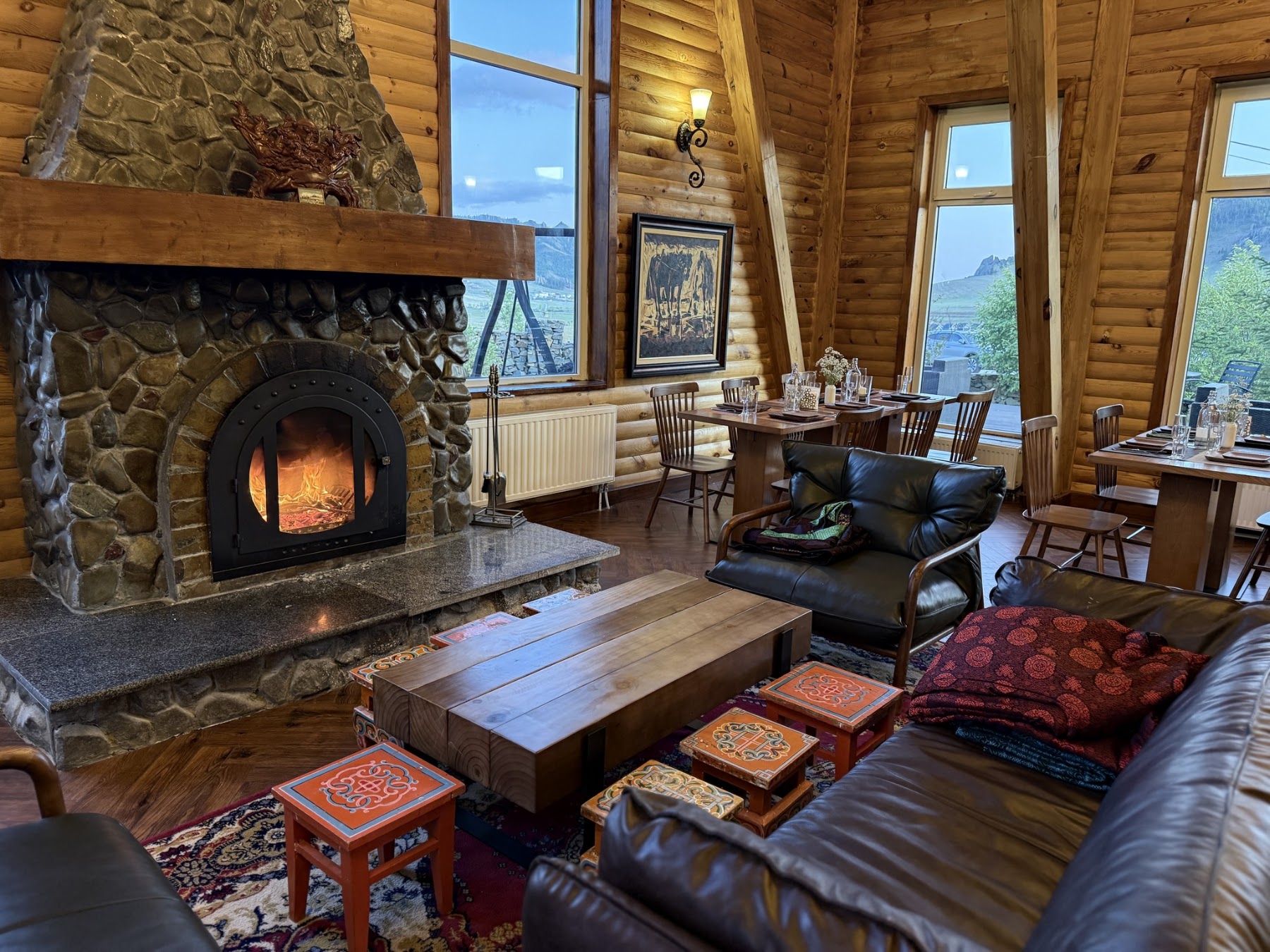 The lounge fireplace at night